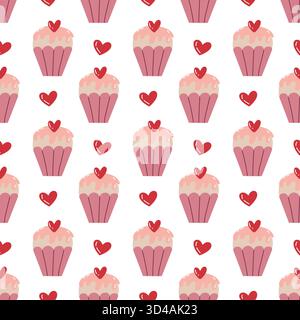 Cute Valentine Cupcake Seamless Pattern avec coeurs Illustration de Vecteur