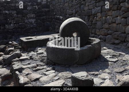 Ancienne roche basaltique huile d'olive presser, les olives ont été mises sur la pierre ronde inférieure pour être écrasées par la pierre supérieure tournée par un âne pour presser l'huile. Banque D'Images