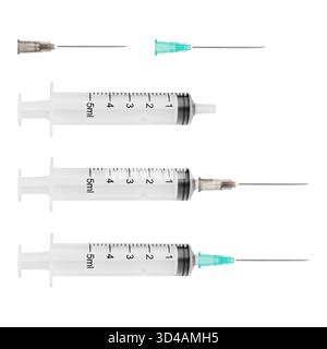 Un ensemble de seringues médicales et d'aiguilles pour injections isolées sur un fond blanc. Banque D'Images