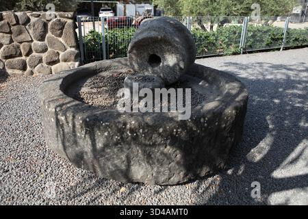 Ancienne roche basaltique huile d'olive presser, les olives ont été mises sur la pierre ronde inférieure pour être écrasées par la pierre supérieure tournée par un âne pour presser l'huile. Banque D'Images