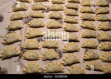 Pierogi polonais, boulettes maison soigneusement disposées sur une surface de tissu. Plat régional traditionnel. Champignons, chou. Banque D'Images