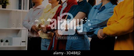 Un groupe diversifié d’individus se tient ensemble en toute confiance, symbolisant l’unité dans un espace de travail numérique. La superposition d'une image de cadenas signifie Banque D'Images