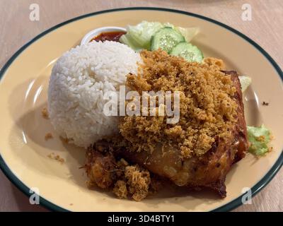 Ayam Goreng est un plat de poulet frit indonésien populaire servi avec du riz blanc cuit à la vapeur, des kremes croustillants, du concombre frais et du sambal sur une assiette en émail. Banque D'Images