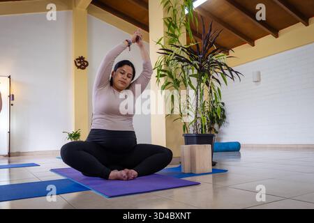 Femme enceinte étirant les bras au-dessus de la tête tout en étant assise sur un tapis de yoga Banque D'Images