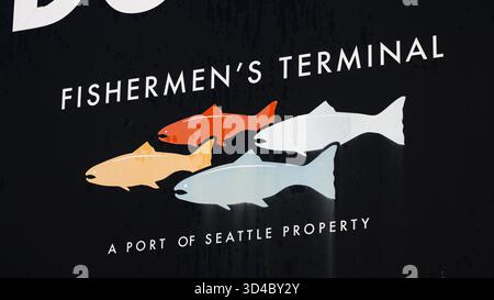 Seattle, WA, États-Unis - 9 novembre 2025 ; panneau Fishermen's terminal avec logo au port de pêche de Seattle Banque D'Images