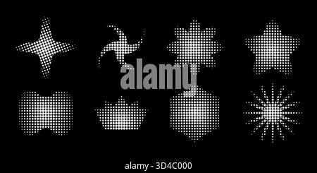 Ensemble de formes tendances blanches avec texture pointillée, demi-teinte ou grain isolé sur fond noir. Étoiles abstraites pixelisées et formes de soleil, de fleurs et de couronnes. Illustration graphique vectorielle. Illustration de Vecteur
