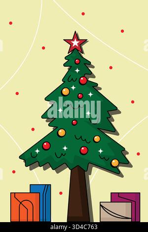 Un design confortable et festif montrant un arbre de Noël décoré avec des ornements et des cadeaux en dessous. Parfait pour les cartes de vœux, affiches, ou célébrités d'hiver Illustration de Vecteur