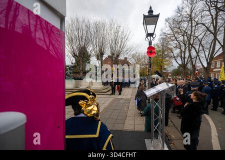 Watford, Royaume-Uni, 9 novembre 2025, Watford se souvient, les gens sont sortis pour se souvenir des morts le dimanche du souvenir. Il y a eu un court défilé de l'étang au Mémorial de la paix et des couronnes ont été placées par Peter Taylor, le maire de Watford, Matt Turmaine député de Watford et beaucoup d'autres., Andrew Lalchan Photography/Alamy Live News Banque D'Images