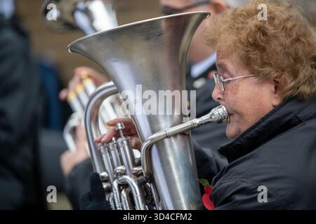 Watford, Royaume-Uni, 9 novembre 2025, Watford se souvient, les gens sont sortis pour se souvenir des morts le dimanche du souvenir. Il y a eu un court défilé de l'étang au Mémorial de la paix et des couronnes ont été placées par Peter Taylor, le maire de Watford, Matt Turmaine député de Watford et beaucoup d'autres., Andrew Lalchan Photography/Alamy Live News Banque D'Images