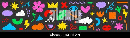 Ensemble D'ELEMENTS organiques abstraits en crayon. Esquisse dessinée à la main doodle Scribble pinceau pastel géométrique figure forme crayon texture fond. Flèche abstraite, cercle, éléments zigzag. Illustration vectorielle Illustration de Vecteur