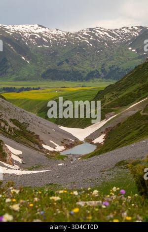 Vue verticale vers le bas d'une vallée rocheuse escarpée montrant un petit lac glaciaire, entouré de plaques de neige et de montagnes lointaines avec m jaune vif et vert Banque D'Images