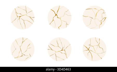 Cercles d'effet Golden Cracks dans le style mosaïque d'art japonais kintsugi. Pierre de marbre de luxe. Fissures d'or en porcelaine brisée. Texture de marbre. Design de luxe pour carte de mariage, médias sociaux. Illustration vectorielle Illustration de Vecteur