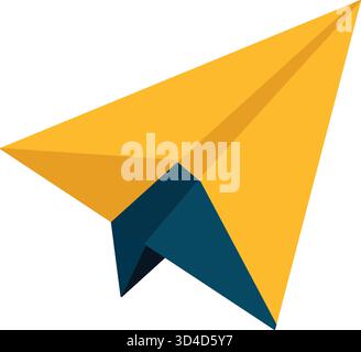 Avion en papier jaune avec des ailes géométriques pliées et un dessous bleu foncé, rendu dans un style vectoriel plat moderne épuré. Illustration de Vecteur