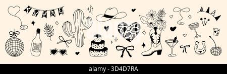 Une collection ludique de griffonnages WESTERN et disco dessinés à la main avec chapeaux de cow-boy, bottes et accents festifs. Parfait pour invitations et ret Illustration de Vecteur