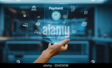 Une main interagit avec un écran virtuel affichant des graphiques de traitement des paiements sécurisés, symbolisant l'avenir des transactions en ligne, de la sécurité et Banque D'Images