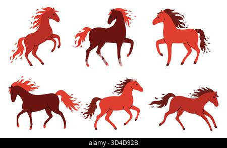 Six chevaux affichent diverses poses dynamiques dans des tons de rouge. Chaque cheval présente sa position unique, mettant l'accent sur l'agilité et la beauté en mouvement. Le vibran Illustration de Vecteur