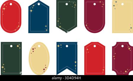 Ensemble de modèles d'étiquettes vierges de différentes formes. Tags aux couleurs de Noël avec des paillettes dorées, des paillettes et des étoiles. Étiquettes festives pour les ventes, les prix Illustration de Vecteur