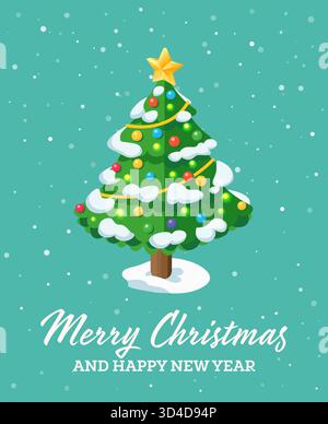 Sapin de Noël isométrique avec neige et lumières incandescentes. Carte de voeux joyeux Noël et bonne année. Illustration vectorielle. Illustration de Vecteur