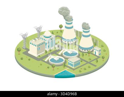 Centrale nucléaire isométrique avec bâtiment de réacteur, tours de refroidissement émettant de la vapeur, lignes électriques, piscines de traitement de l'eau, et les environs paysagés sont Illustration de Vecteur