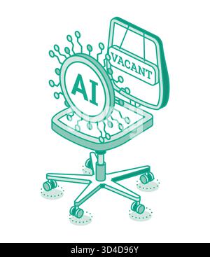 L’intelligence artificielle remplace les humains au travail. Illustration vectorielle isométrique de l'IA reprenant des emplois. Illustration de Vecteur