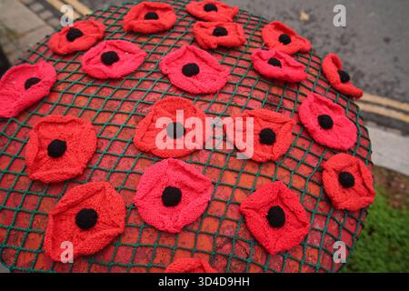 8 novembre 2025. Une décoration de topper tricoté sur une boîte aux lettres Royal mail le jour du souvenir, Wimbledon Banque D'Images