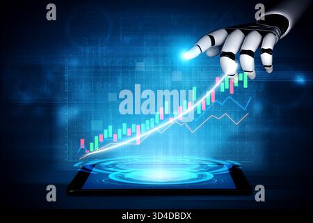 Une main robotique futuriste interagit avec une tablette numérique affichant les tendances boursières vibrantes et les visualisations de données, symbolisant l'avancée Banque D'Images