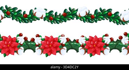 Belles bordures de Noël sans couture avec des fleurs poinsettia rouges, des bornes de coton et des feuilles de houx avec des baies. Cette conception hivernale festive est une idée Illustration de Vecteur