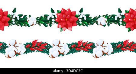 Deux élégantes bordures de Noël sans couture avec fleurs poinsettia rouges, bornes de coton, branches d'épinette et baies blanches. Ce motif festif est idéal Illustration de Vecteur