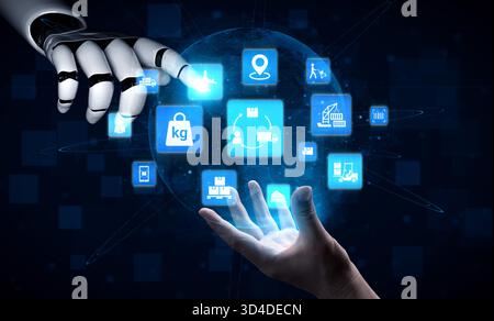 L’intelligence artificielle prend en charge le suivi, la chaîne d’approvisionnement, l’entrepôt et l’expédition de loEnticeics avec automatisation et efficacité globale. Attirez Banque D'Images