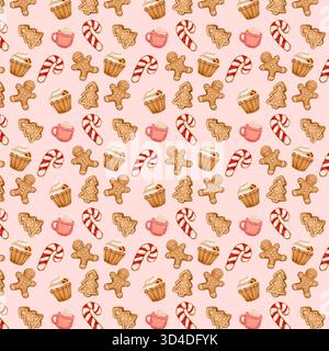 Motif de Noël aquarelle sans couture : cacao dans une tasse rose, biscuits en pain d'épices et un homme en pain d'épices. Banque D'Images
