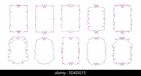 Cadres décoratifs dessinés à la main roses avec des arcs et des coeurs avec des bords grunge. Élégante collection de bordure doodle pour cartes romantiques, invitations, notes d'amour Illustration de Vecteur
