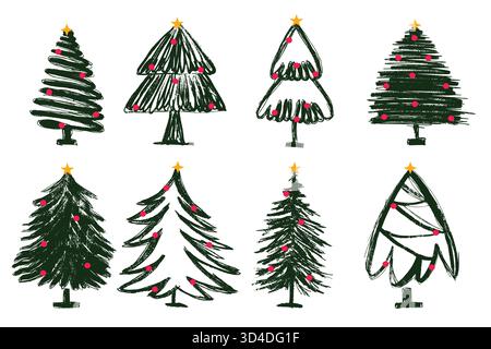 Ensemble arbre de Noël avec étoiles et ornements dans le style dessiné à la main. Collection de pin décoré festif pour cartes de vacances d'hiver, papier d'emballage, numérique Illustration de Vecteur