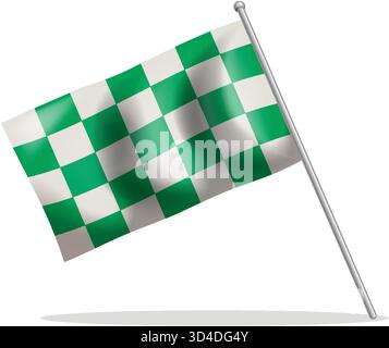 Illustration vectorielle de drapeau à damier vert et blanc ondulant sur un poteau métallique avec ombre Illustration de Vecteur