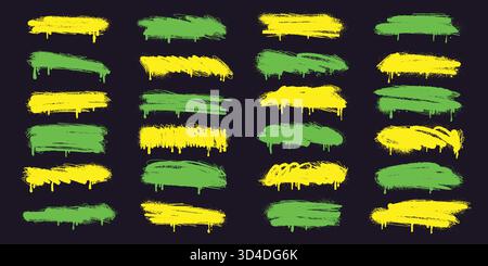 Traits de pinceau de pulvérisation jaune et vert sur fond sombre. Jeu de textures d'encre grunge avec des lignes de graffiti qui s'égouttent, des taches d'éclaboussure et des rugueux Illustration de Vecteur