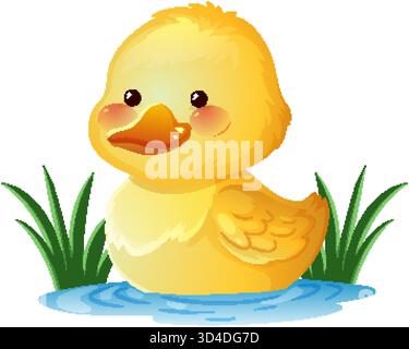 Adorable caneton de dessin animé dans des couleurs vives, assis dans l'eau avec de l'herbe, style d'illustration vectorielle Illustration de Vecteur