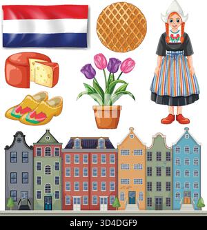 Drapeau néerlandais, fromage, stroopwafel, tulipes, chaussures en bois, maisons de canal, et illustration de costume folklorique Illustration de Vecteur