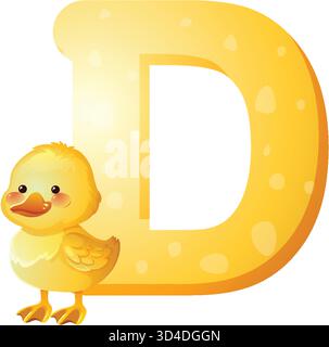 Adorable caneton se tient à côté de la lettre d jaune gras, style vectoriel de dessin animé, éclairage doux Illustration de Vecteur