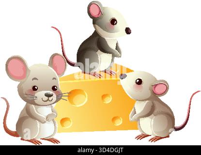 Trois souris de dessin animé mignonnes interagissent avec un grand coin de fromage, des couleurs vives, une illustration vectorielle Illustration de Vecteur