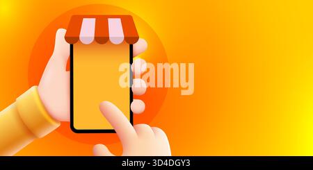 Main de dessin animé 3D avec smartphone et auvent de magasin, tapotement des doigts pour le concept d'achat mobile. Illustration vectorielle. Illustration de Vecteur