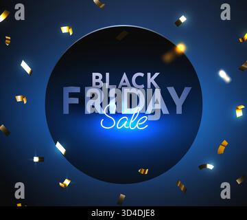 Bannière de vente Black Friday avec lumière néon bleue et confettis. Design promotionnel à la mode pour le marketing. Illustration vectorielle. Illustration de Vecteur