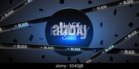 Bannière de solde saisissante Black Friday avec texte brillant au néon et bandes promotionnelles, parfaite pour les publicités de magasinage des fêtes. Illustration vectorielle Illustration de Vecteur