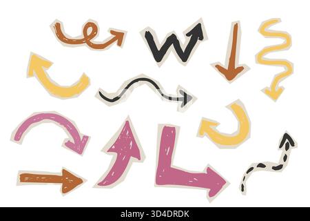 Découpez des morceaux de papier déchiré formes géométriques, flèches, crayon grunge dessiné à la main ensemble. Collage funky, groovy rétro doodle pièces, éléments de scrapbook, design. Illustration vectorielle Illustration de Vecteur