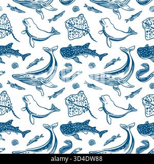 Motif sans couture d'animaux marins. Illustration dessinée à la main d'une baleine, dauphin, requin, raie et poisson. Clip art vectoriel pour papier d'emballage Illustration de Vecteur