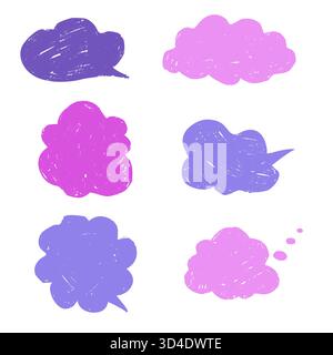 Cadres de texte ludiques pour dialogue vocal en crayon. Bulles dessinées à la main dans une boîte de tableau noir. Autocollants de chat abstrait et nuages de crayons. Illustration vectorielle Illustration de Vecteur