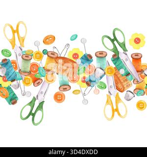 Coudre des articles d'artisanat dans une bordure horizontale sans couture. Ciseaux, fils, épingles, dés, ruban à mesurer. Clipart sur mesure. Kit de couture. Dessiné à la main avec Banque D'Images