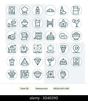 Communiquez clairement avec 35 icônes de ligne régulière capturant Restaurant, adapté à toutes les plateformes. Illustration de Vecteur