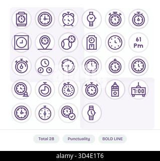 Un ensemble soigneusement réglé de 28 icônes Bold Line inspirées par la ponctualité, idéal pour les interfaces utilisateur complexes. Illustration de Vecteur