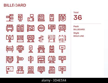 Une collection robuste de 36 icônes Bold Line incarnant Billboard, idéale pour les équipes de conception de produits. Illustration de Vecteur