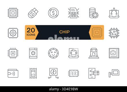 Un ensemble soigneusement réglé de 24 icônes Thin Line inspirées par Chip, idéal pour les interfaces utilisateur complexes. Illustration de Vecteur