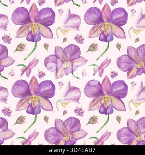 Illustration aquarelle d'une fleur d'orchidée violette avec des feuilles vertes, peinte à la main dans un style botanique réaliste. Parfait pour les impressions florales, l'emballage, Banque D'Images